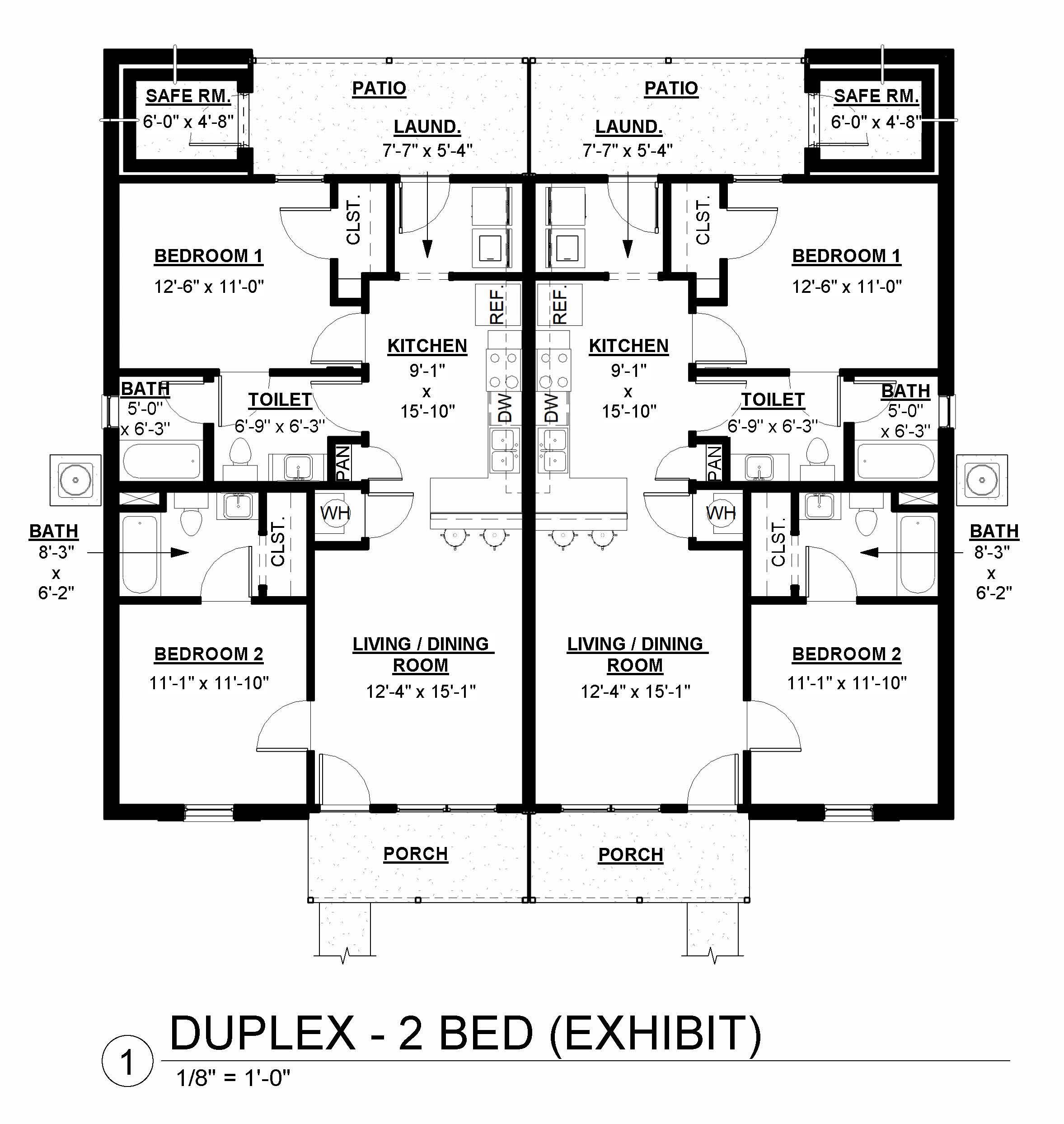 A floor plan for a duplex with two bedrooms.